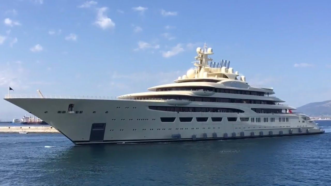 Worlds largest yacht by volume Dilbar inaugural call at Gibraltar UK.jpg