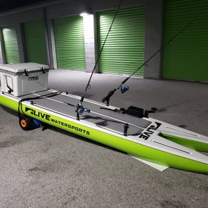 Catamaran Paddle Board Fishing on L4Expedition by Live Watersports Lime Green and White