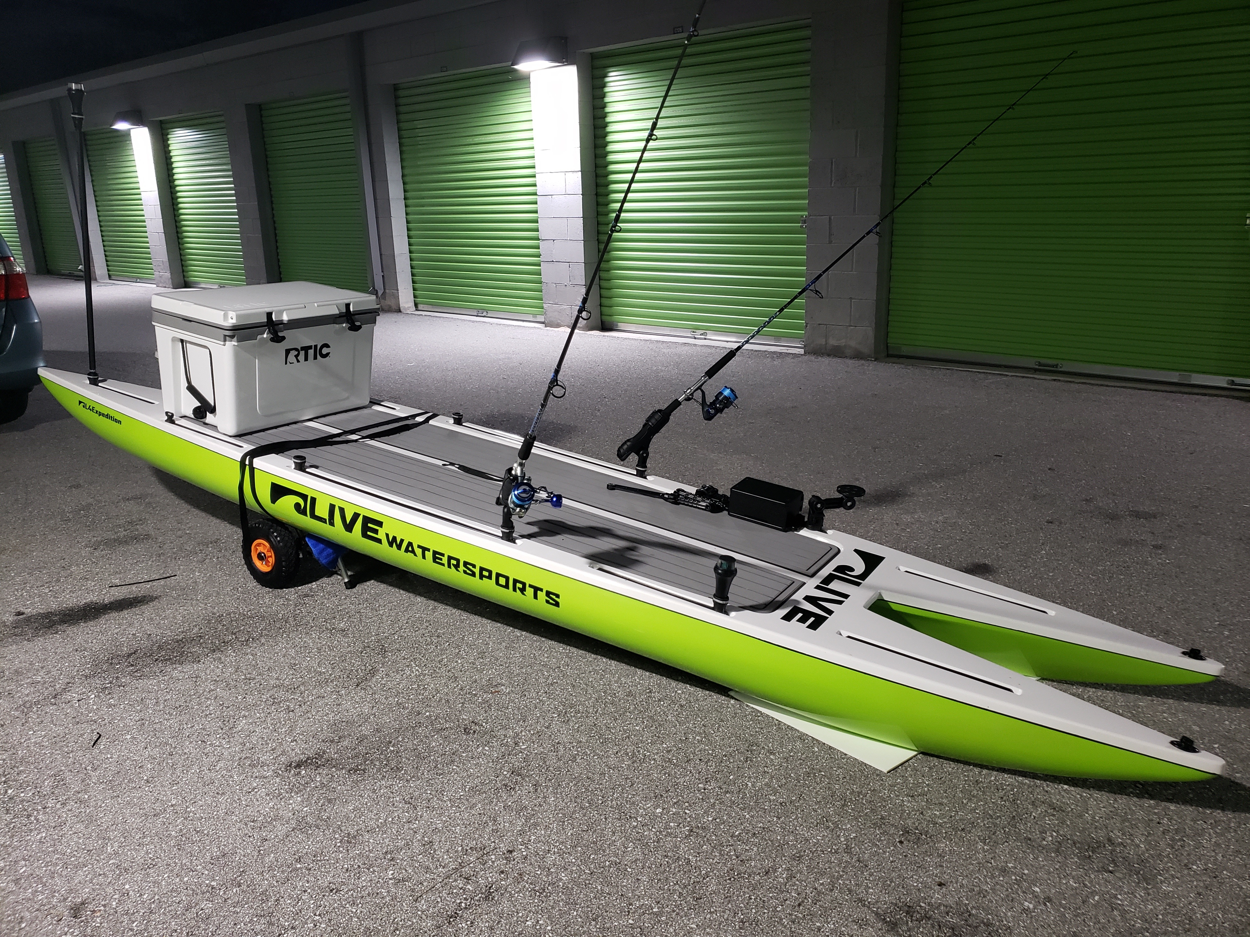 Catamaran Paddle Board Fishing on L4Expedition by Live Watersports Lime Green and White